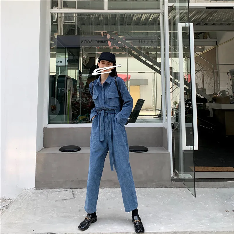 

Cordurory Jumpsuit Long Sleeve Loose Fashion High Steet Belted Rompers Front Buttons Long Pants Overalls