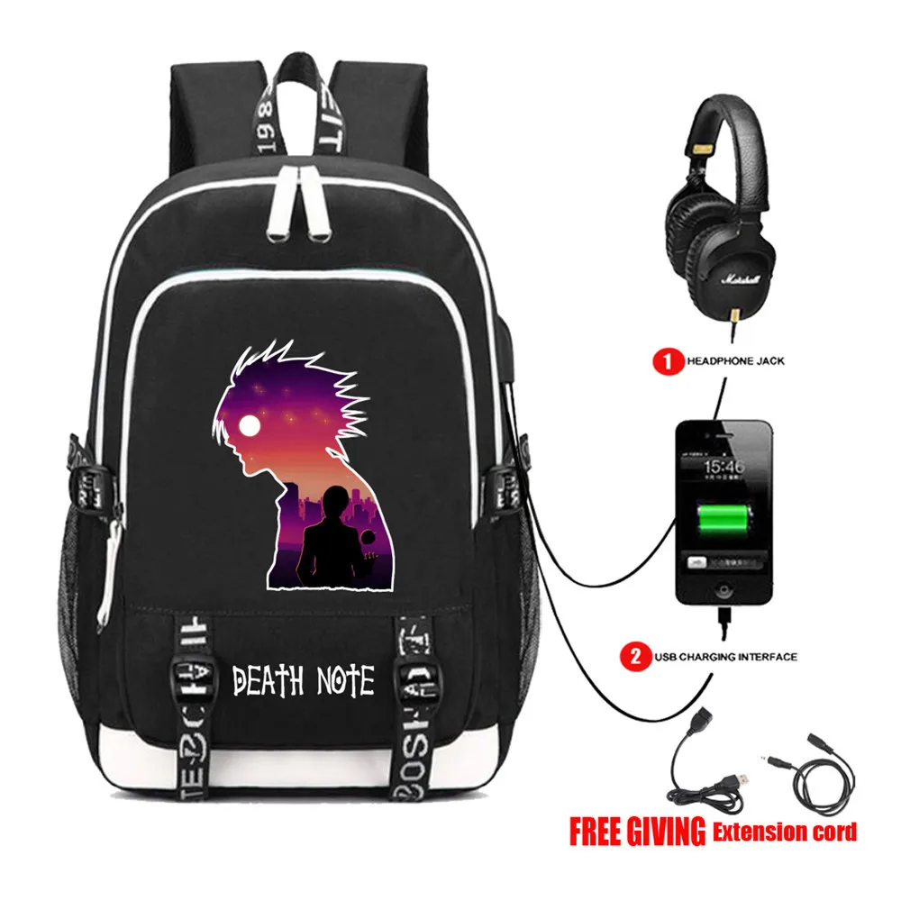 

USB Charge Headphone Jack Laptop Bags Teens School book bag Multifunction Travel Bags for anime Death Note L Backpack 13 style