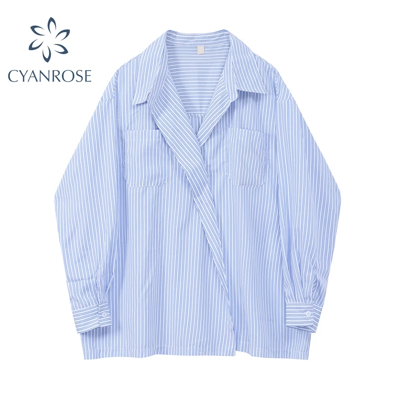 Блузка Женская Асимметричная в голубую полоску свободная рубашка с отложным