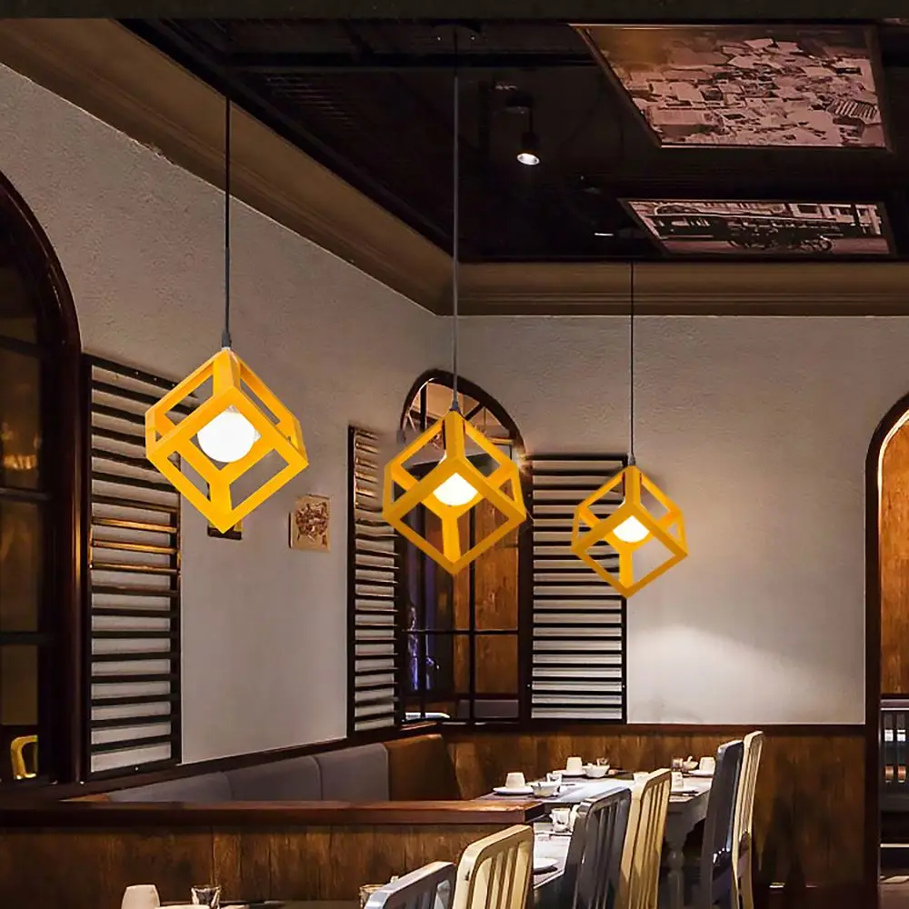 

Retro Creative Chandelier Lighting For Living Room Engineering Bar Lights Wrought Iron Square Geometric Hanglamp Home Bar Cafe