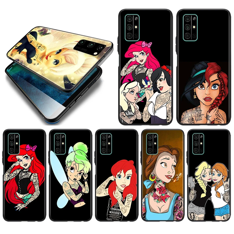 

Disney Princess Tattoo Soft TPU Cover For Honor 50 X20 SE V30 30 30S Magic 3 Play 5 5T Pro Plus 5G Black Silicone Phone Case