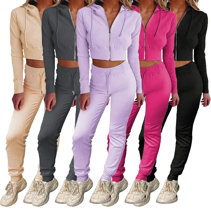 

2021 Hot Sale Women Two Piece Sweat Pant Sets Suits Tracksuit Ribbed Knit Cropped Hoodie And Jogger Set