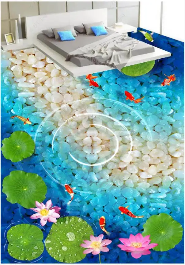 

Custom Picture Self-adhesive 3d Flooring wallpapers Wall Sticker HD lotus fish pond 3D stone floor mural painting wall papers