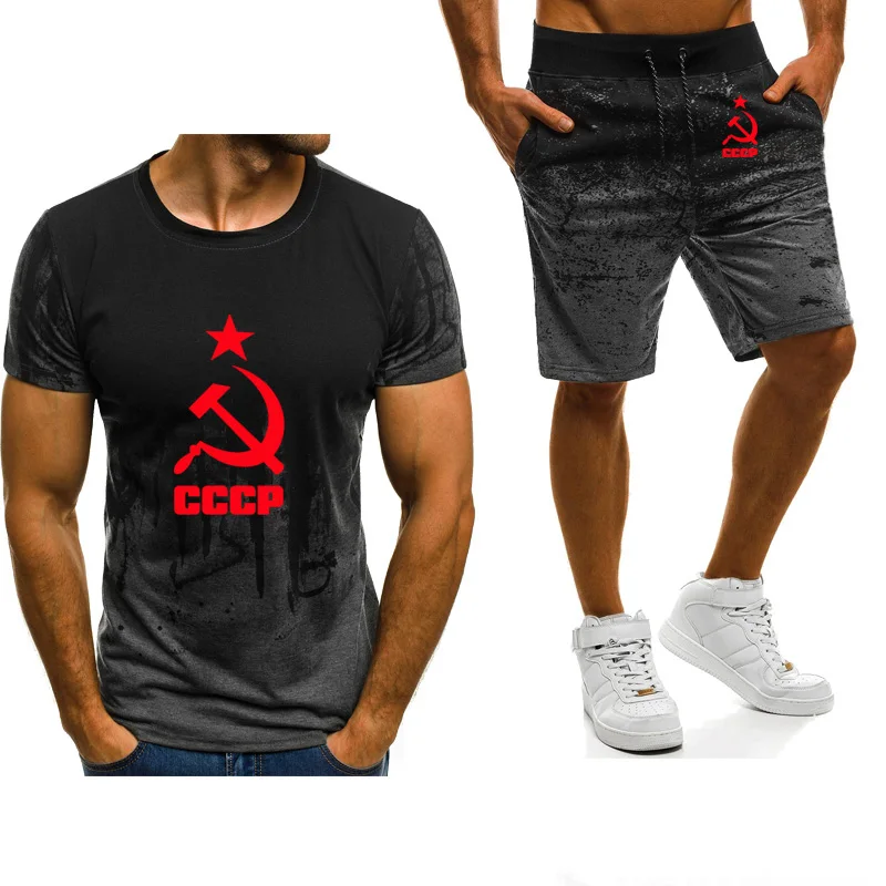 

New 2021 Summer Men's short sleeve Unique CCCP Russian USSR Soviet Union Printed High Quality Cotton T-Shirt Pants Suit 20m