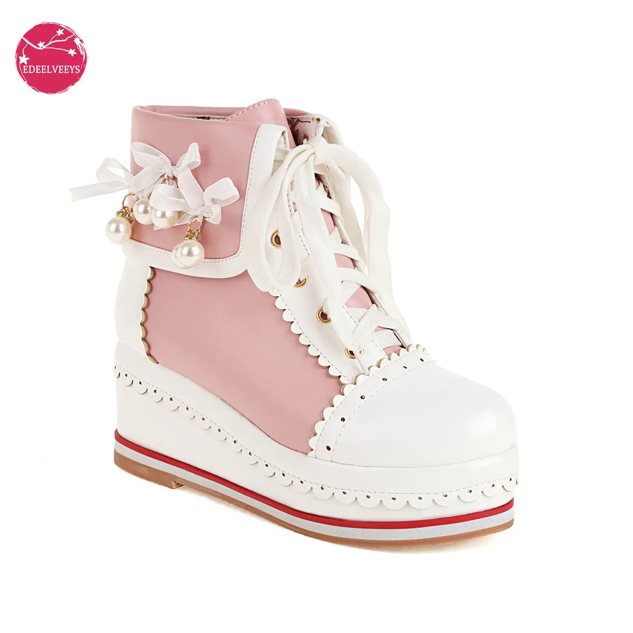 Women Kawaii Lolita Boots Lace-Up Ankle Bootie Wedges Platform Outdoor Cosplay Dress Shoes with Pearl Sring Bead Plus Size 34-48