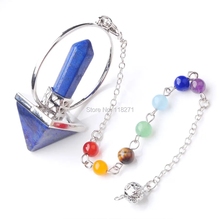 

WOJIAER Reiki Healing 7 Chakra Natural Lapis Lazulis Stone Pendulum Dowsing Hexagonal Prism Pyramid Pendants PN8155