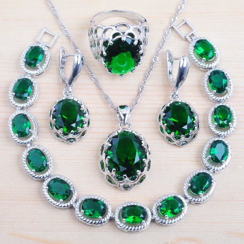 

New Silver Color Hot Sale Green Zircon For Women Jewelry Sets Bracelet Necklace Pendant Earrings Ring QS0162