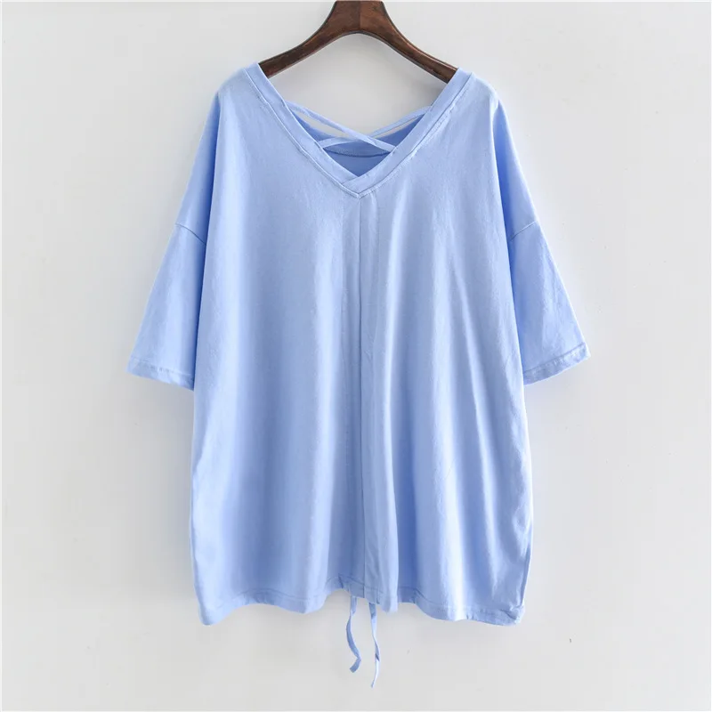 

2021 Summer Oversized Half-Sleeve Ladies Top Lace-up Backless Korean-Style Women Tee Fashion Simple Cotton Short-Sleeved T-shirt