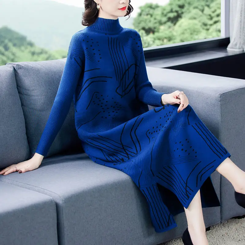 

Knitted Dress Women Autumn And Winter 2020 New High Neck Long Sleeve Temperament Sweater Dress Printed Loose Jumper Tunic y899