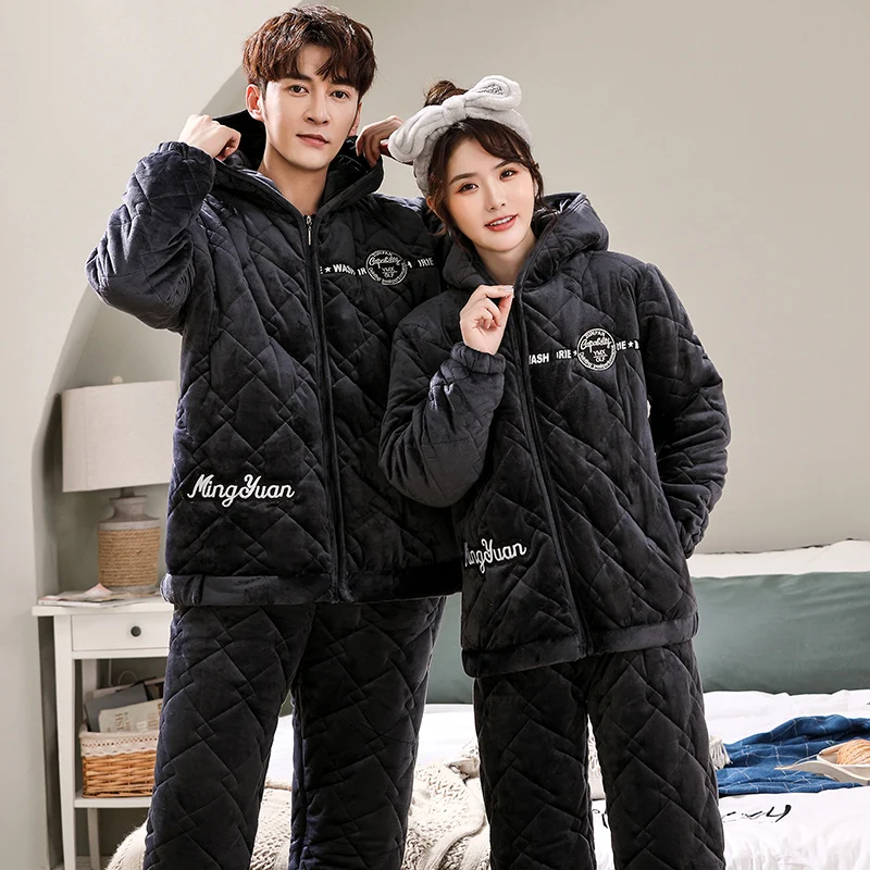 

Couple Clip Cotton Pajamas Set Winter Thick Warm Long Sleeve Pijama Casual Soft Cardigan Plus Size M-3XL Hooded Lovers Sleepwear