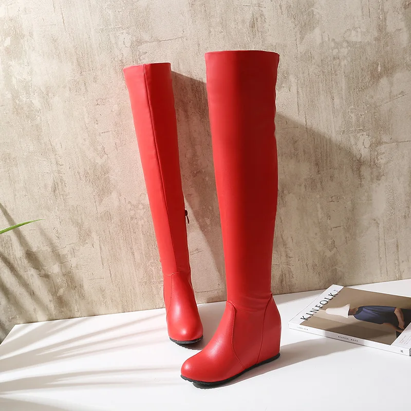 

2021 Winter New Fashion Round Toe Solid Color Side Zipper Wedge Casual Ladies Over-The-Knee Boots