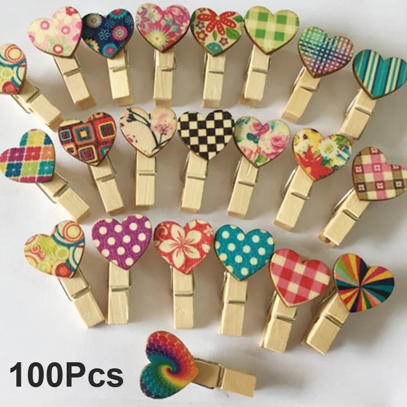 

100 Деревянные Настенные разноцветные Мультяшные фото зажимы в форме сердца прищепки зажимы прищепки крафтовое украшение