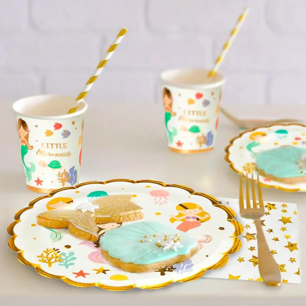 QFU бумажные одноразовые столовые приборы Русалочка День Рождения украшения