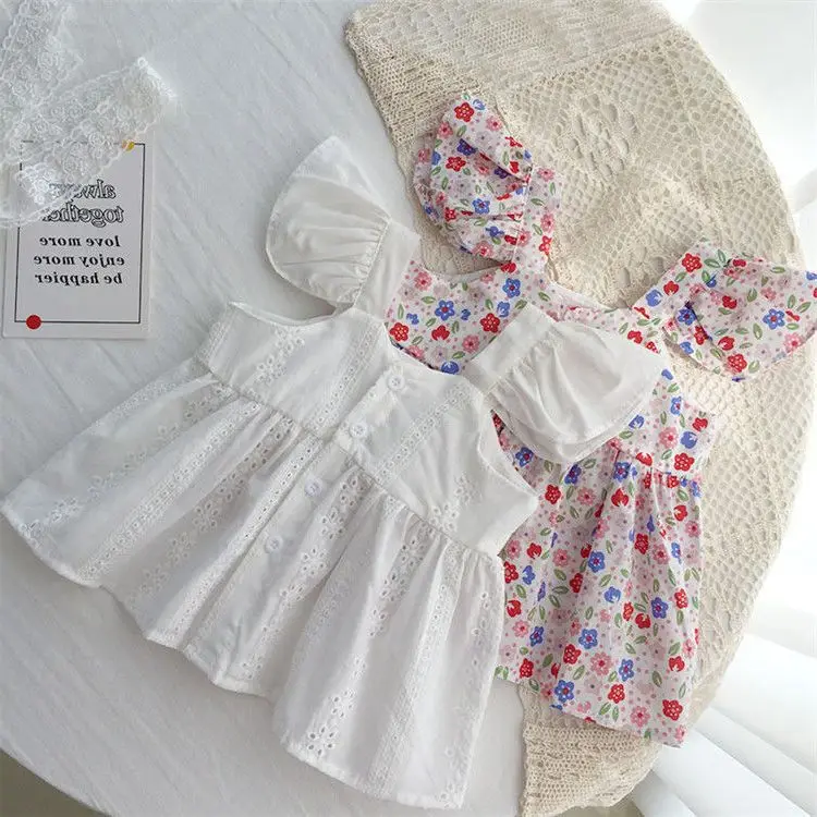 

Летний топ на бретелях для девочек, корейский летний хлопковый жилет, рубашка для малышей, милые Летящие рукава, 2021, футболка-блузка