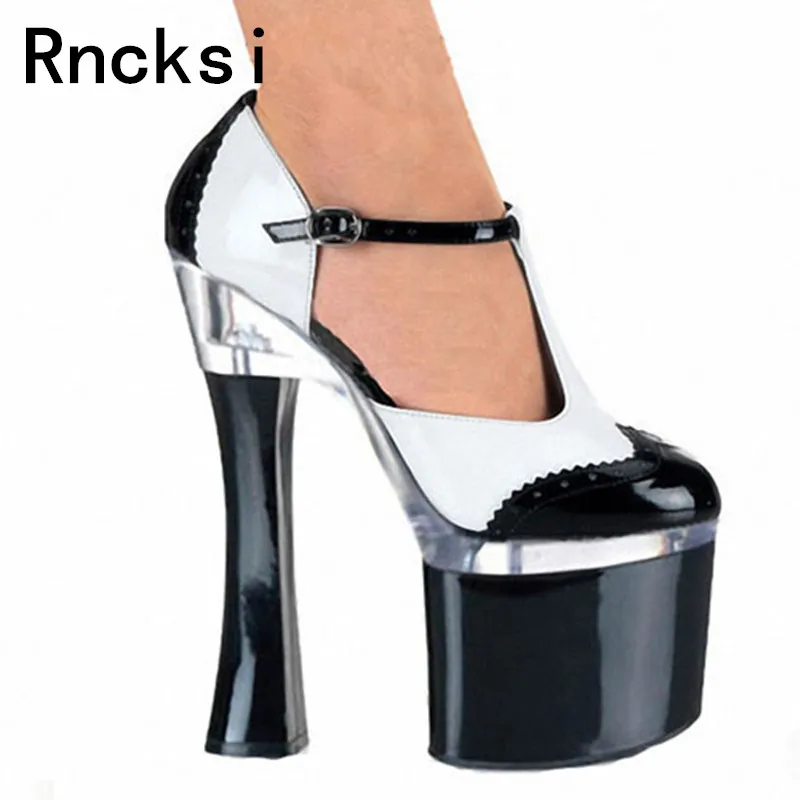 

Rncksi White With Black Sexy Women's Party Queen High-Heeled Platform Pole Dance Shoes 18cm Square Heels Ankle Pumps