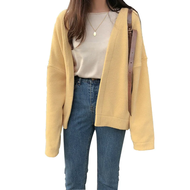 

Casual Fall Winter Cardigan Sweater Women's Yellow Loose Lazy Harajuku Cardigans Short College Knitwear Top Knitted Sweaters