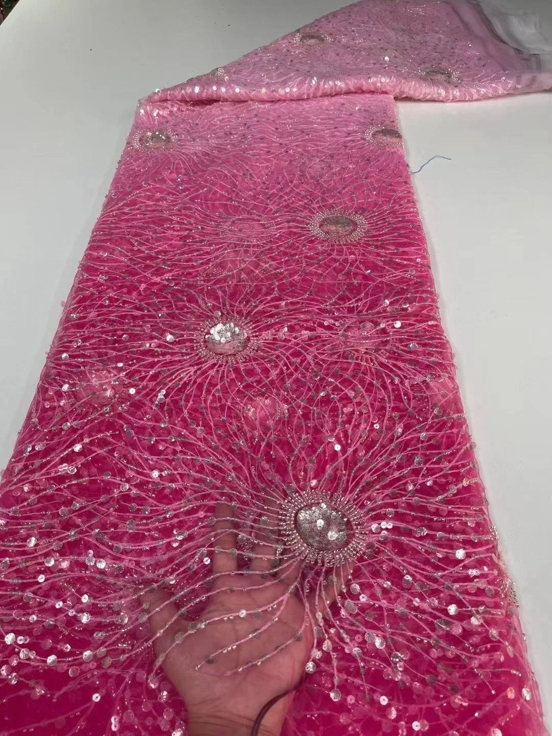 2021 розовая кружевная ткань ручной работы тяжелая бисерная роскошная французская