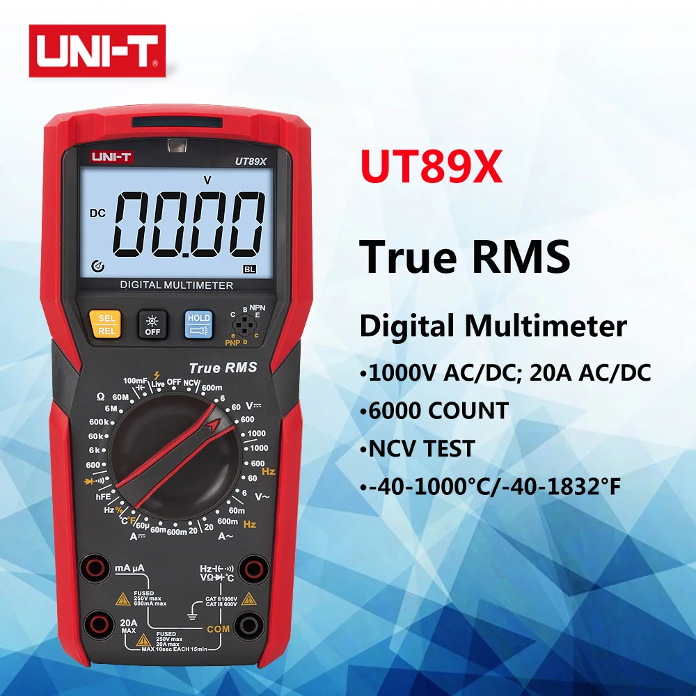 UNI T UT89X/UT89XD Цифровой мультиметр True RMS 1000V 20A AC DC ЖК дисплей Дисплей 6000 отсчетов