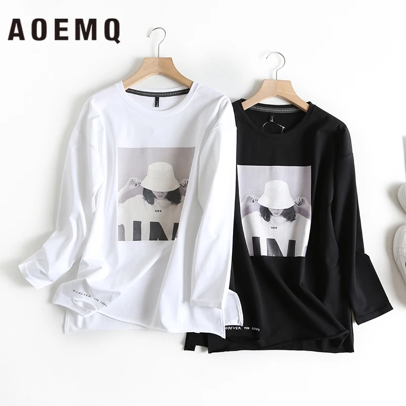 AOEMQ повседневные рубашки белый/черный цвет американская девушка Характер печати рубашки женские топы хлопок легко чистить Осенняя женская одежда