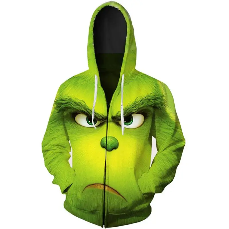 Grinch Print Hoodies Unisex Coat Green Zipper Hooded Women Adult  Couple Sweatshirts Pocket Christams Jackets