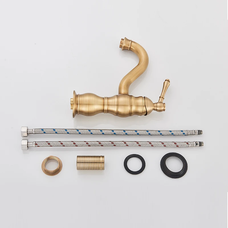 

Brass Antique Brass Deck Mounted Bathroom Faucet Basin Faucet Hot Cold Mixer Crane Basin Faucet Water Column High Short Style