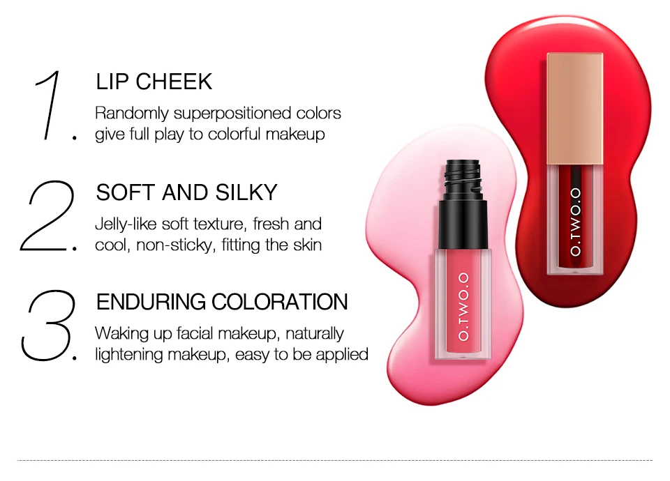 O.TWO.O 2 In 1 Lip Gloss+ Liquid Blusher Double Effect Long Lasting Waterproof 4 Colors Soft Silky Smooth Makeup