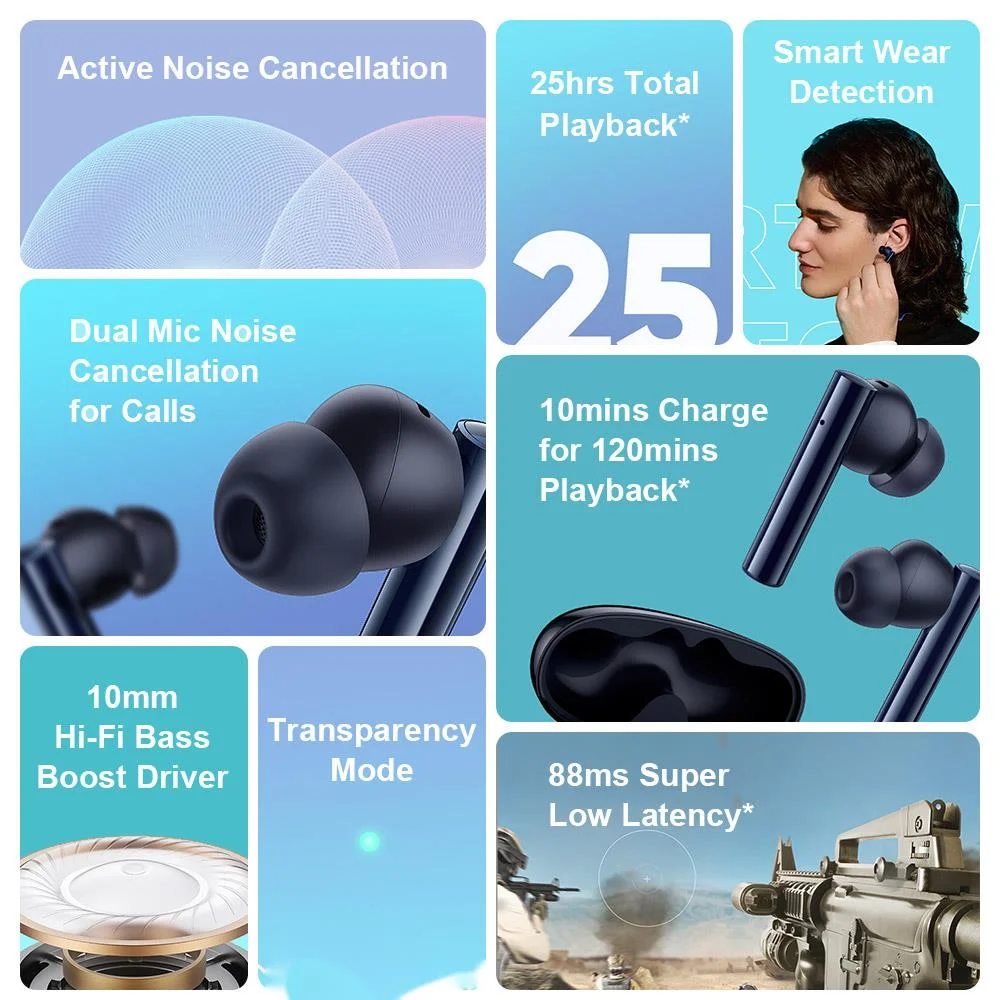 구매 Buds Air 2 진정한 무선 이어폰 활성 소음 제거 게임 음악 스포츠 스마트 폰용 블루투스 헤드폰