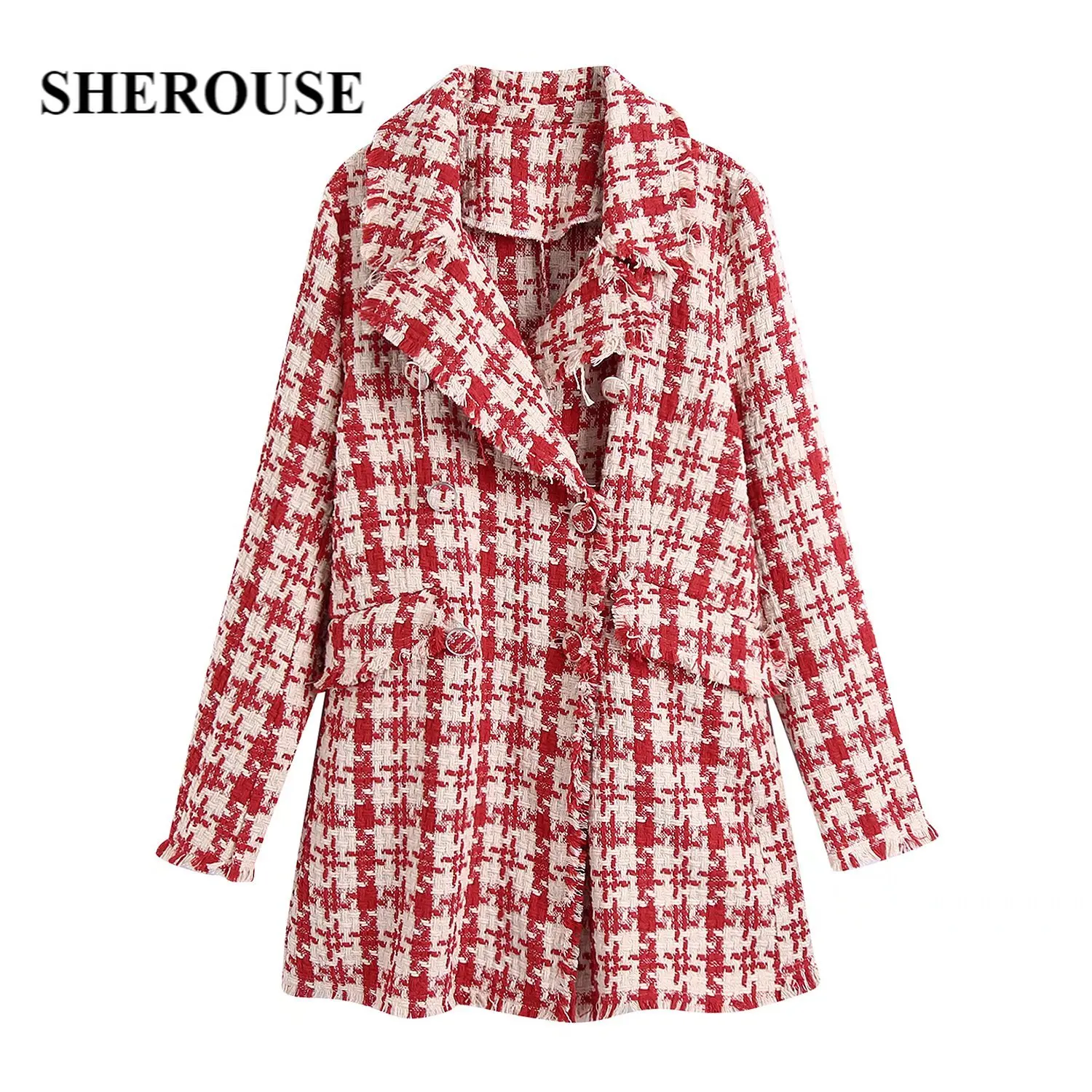 

Sherouse Women Fashion Checkered Tweed Long Coat Vintage Lapel Collar Double breasted Long Sleeves Woman Winter Warm Outwear