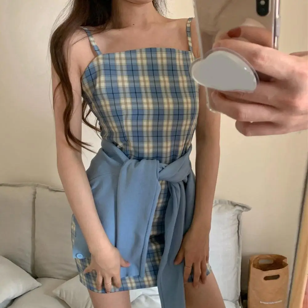 Сексуальное синее клетчатое мини платье на бретелях спагетти облегающее женское