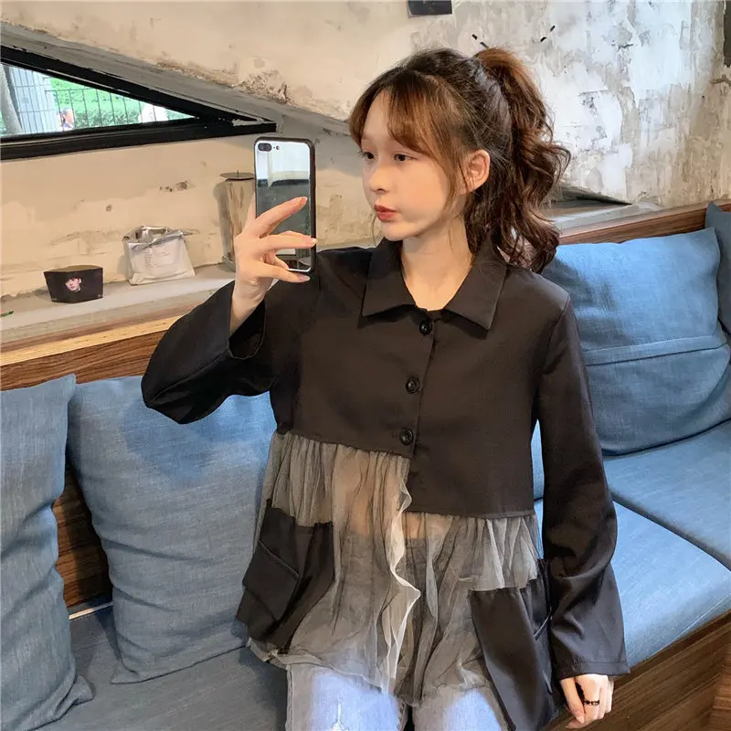 

HziriP Korean Black Mesh Patchwork Pockets All-Match 2020 Women Cardigans Streetwear Loose High Quality Casual Tops Shirts