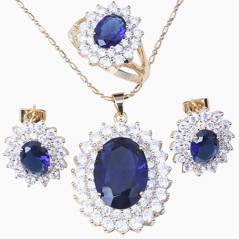 Love Monologue Classic Blue Crystal &amp Cubic Zirconia Yellow Gold Color Necklace Pendant Drop Earrings Bridal Jewelry Sets KT003 |