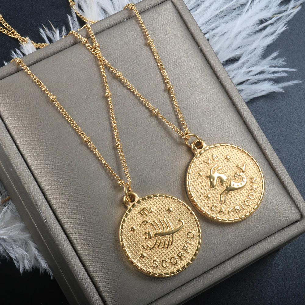 

New 12 Constellation Coin Double Sided Necklace Twelve Star Luck Zodiac Titanium Steel Choker Necklace Cast Pendant Jewelry Gift