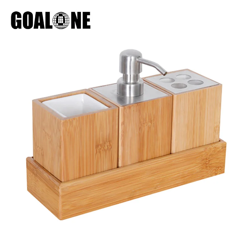 Набор бамбуковых аксессуаров для ванной GOALONE 4 шт. дозатор мыла держатель зубной