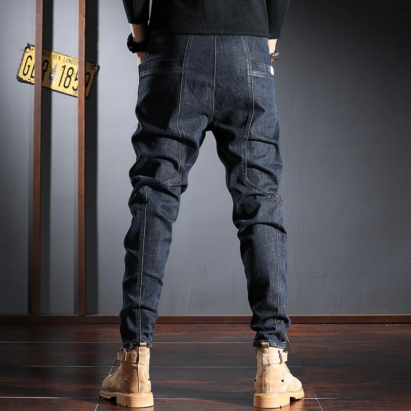 Autumn New Men's Corduroy Jeans Fashion Patchwork Denim Pants Korean Style Elastic Waist Regular Fit Trousers