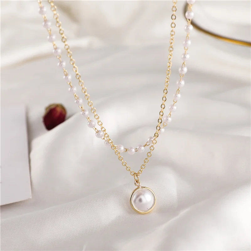 

Korean Vintage Double Pearl Necklace with Simple Choker Clavicle Chain Choker Pendant Necklaces Women Perfectly Round Water Drop