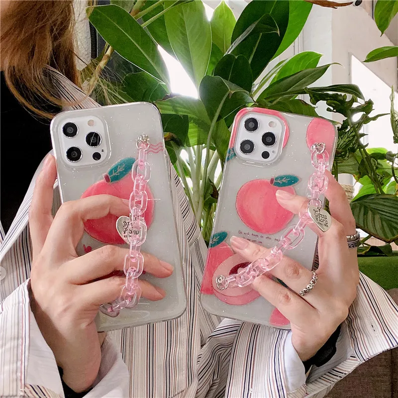 

Cute Bracelet Peach Pattern Transparent Glitter Shell Protective Cover Phone Case For iPhone 12 Mini 11 Pro Max XS XR X 8 7 Plus