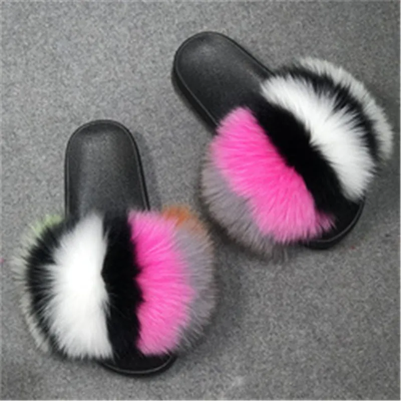 

Women's Summer Striped Slippers Fashion Rainbow Furry Slides Ladies Fluffy Flip Flops Indoor Plush Shoes Female Fox Fur Sandals