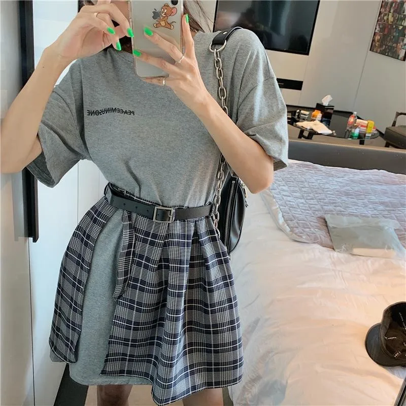 

short-sleeve tops clothes sets women two-piece suit sweet high waist pleated skirt summer preppy clothe loose two pieces set