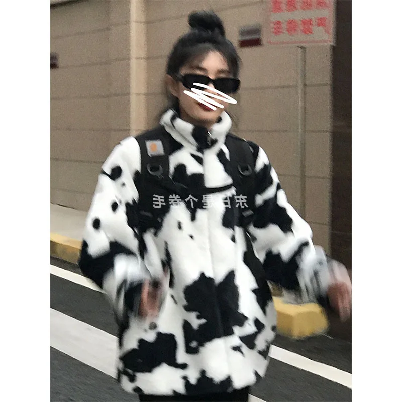 

Women's Coats Winter Black White Cow Loose Female Imitate Mink-like Plush Coats Lady Trendy Jackets soft fleece college Outwear