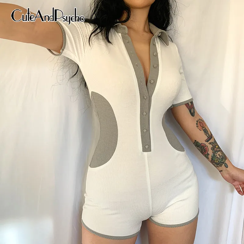 

Patchwork Y2K Vintage Rompers Women Clubwear Buttons Up Chic Bandage Jumpsuits Harajuku Fashion Skinny Cute Cloth Cuteandpsycho
