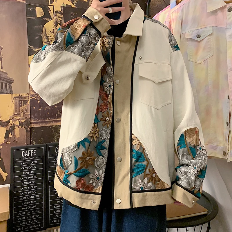 

Джинсовая куртка мужская в стиле ретро, свободная верхняя одежда из денима, с вышивкой, в национальном стиле, большие размеры, весна-осень