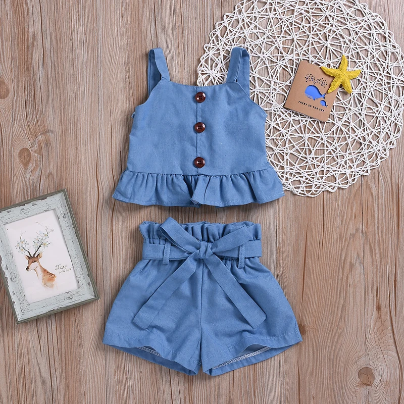 

2Pcs Children Clothes Suits Kids Girls Clothing Sets Summer New Fashion Baby Girls Clothes Sleeveless Top+Bow Pant 1- 5 Year Old