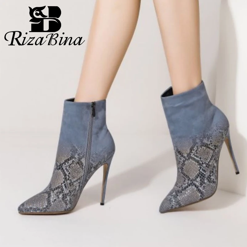 

RIZABINA New Women High Heel Boots Snake Pattern Thin Heel Ankle Boots Ladies Fashion Sexy Party Shoes Women Footwear Size 34-43