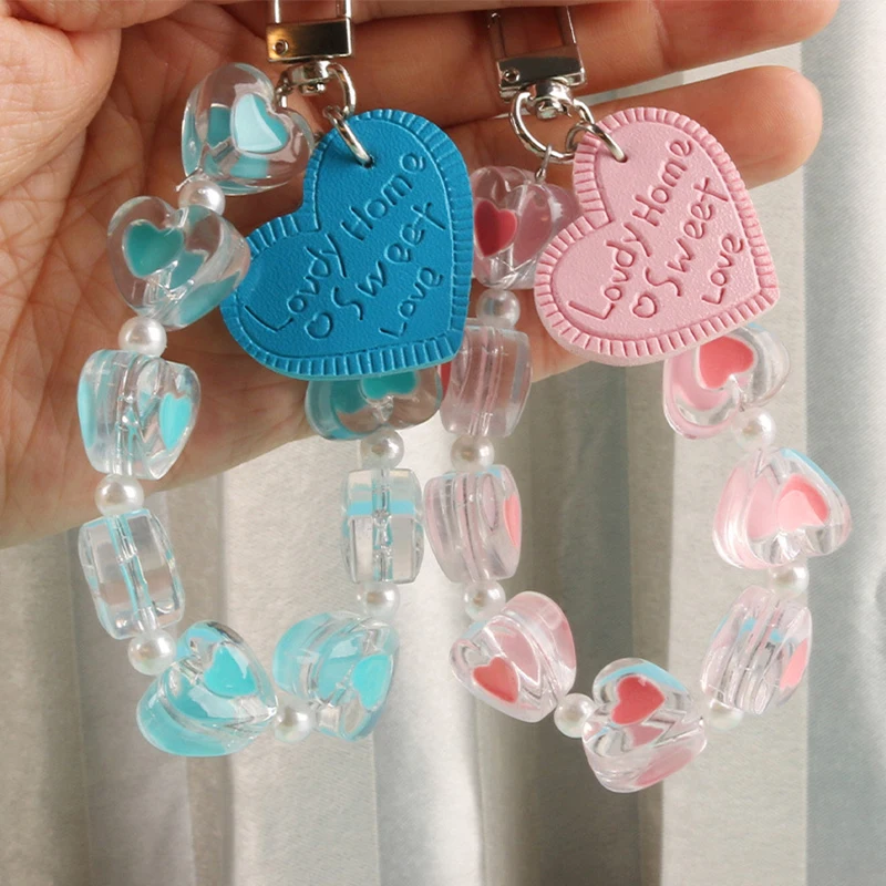 

Cute Creative Heart Resin Beaded Keychain Women Fashion Bracelet With Heart-shaped Letter Printed Leather Charms Car Key Chain