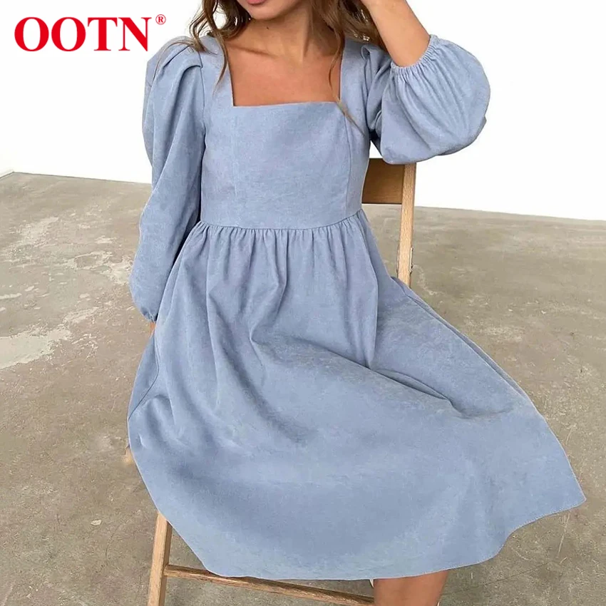

OOTN Velvet Cozy Elegant Dress Square Neck Wrist Lantern Sleeve Sweet Casual Women's Dresses Pleated Fit Flare Thin Mini Dress