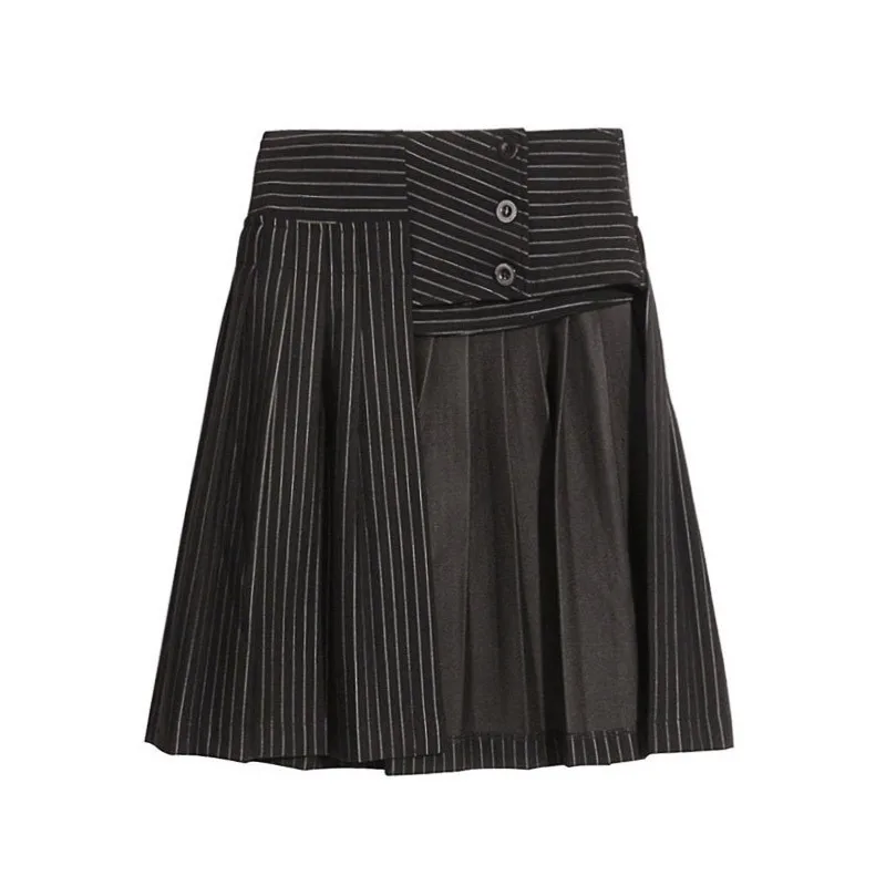 [EAM] Новинка 2021 Весенняя Свободная юбка в черную полоску с длинными рукавами и