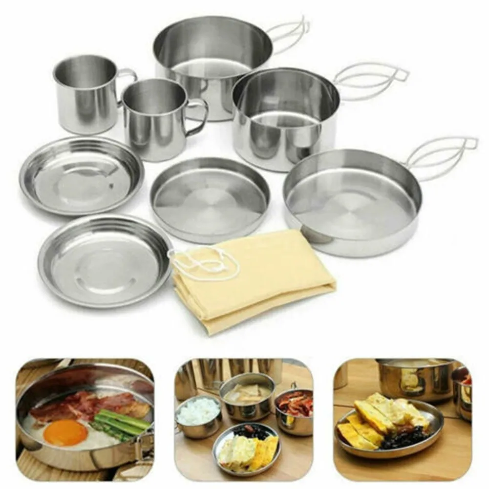 

8pc Outdoor Cookware Set Stainless Steel Camping Hiking Picnic Cook Bowl Pot Frying Pan Dinner Plates Cover For Backpacking