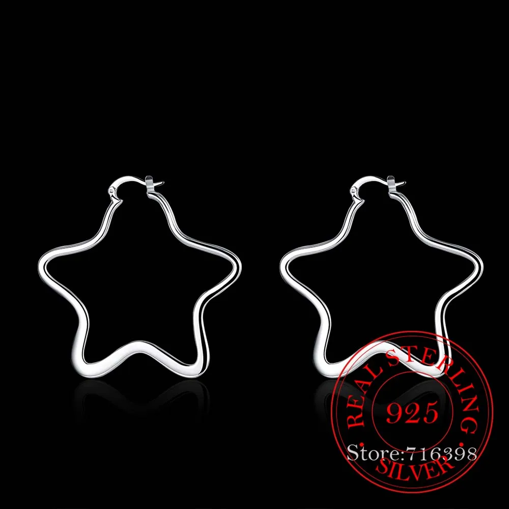 Personality Hyperbole 100% 925 Sterling Silver Simple Smooth Big Star Hoop Earrings For Women Sterling-Silver-Jewelry Pendientes | Украшения