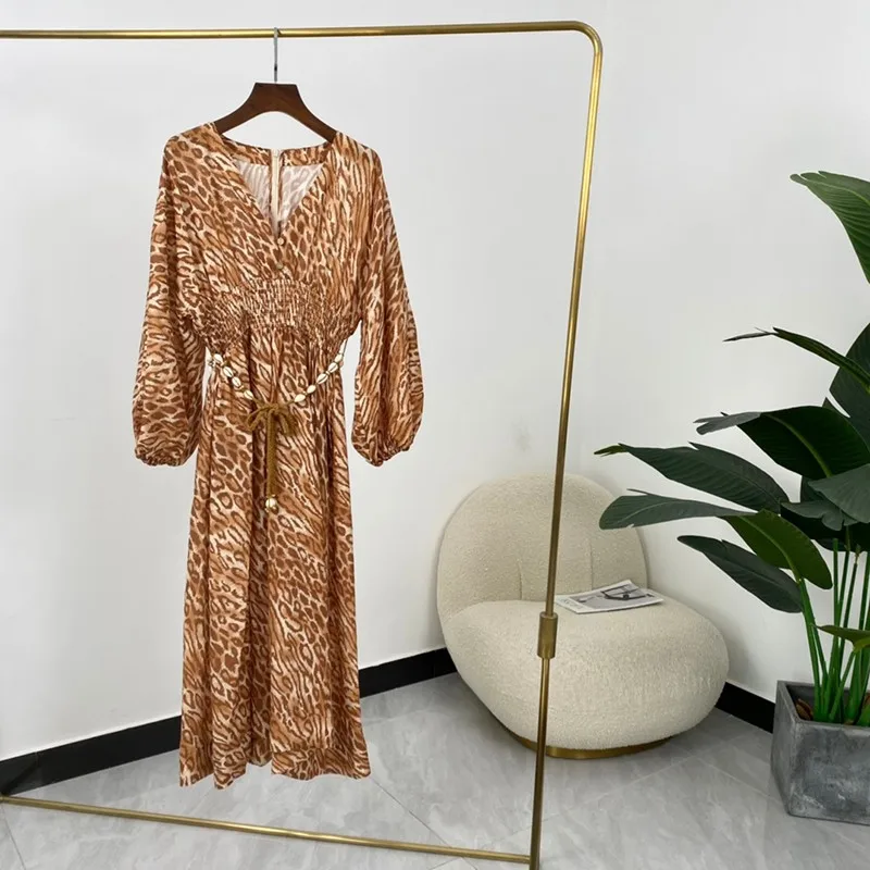 

High Quality Linen Summer Women Fashion Khaki Leopard Print V-neck Long Sleeve Mid-calf Dresses