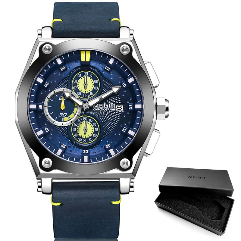 ML2098G-Blue Megir Мужские кварцевые часы с кожаным ремешком, армейские спортивные Водонепроницаемые наручные часы с хронографом для мужчин, светящиеся часы Relogios, 2098 синий цвет - Цвет: ML2098G-Blue